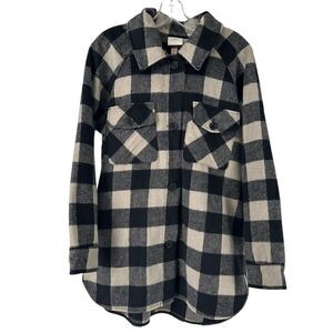 Knox Rose Shirt Jacket Shacket M Plaid Black Tan Classic Cozy Cabin Wool Blend